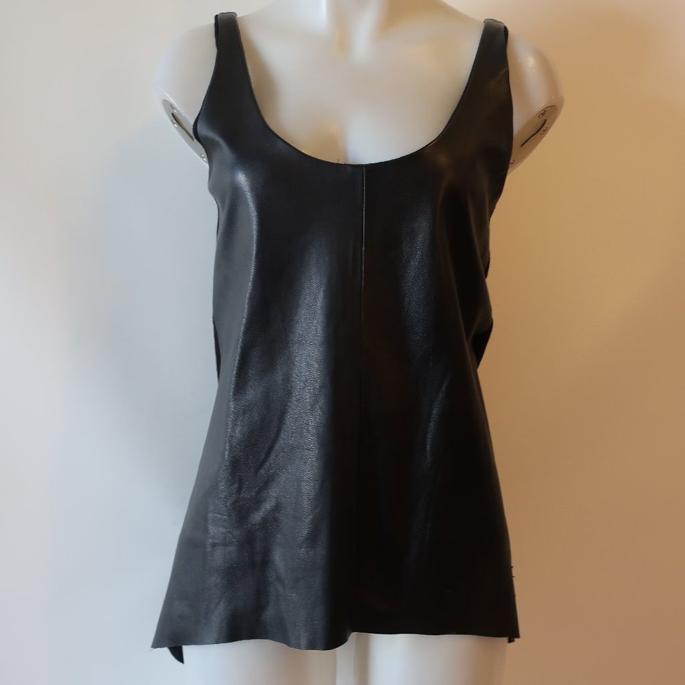 Womens Love Happiness Black Scoop Neck Mixed Media Leather Jersey Tank Top S *